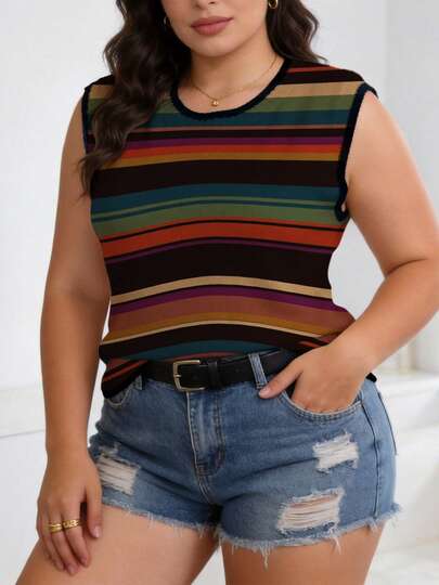 ASHKATIA Plus Size Women Knit Sweater Vest, Summer, Fitted Style, Retro Multicolor Striped, Vintage Casual