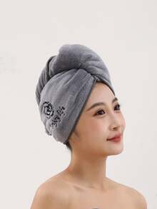 女士珊瑚绒柔软吸水超大浴巾（35.4英寸 x 70.9英寸）/浴帽（9.8英寸 x 25.6英寸） - 灰色刺繡加大浴巾浴帽2件 - 查看 12