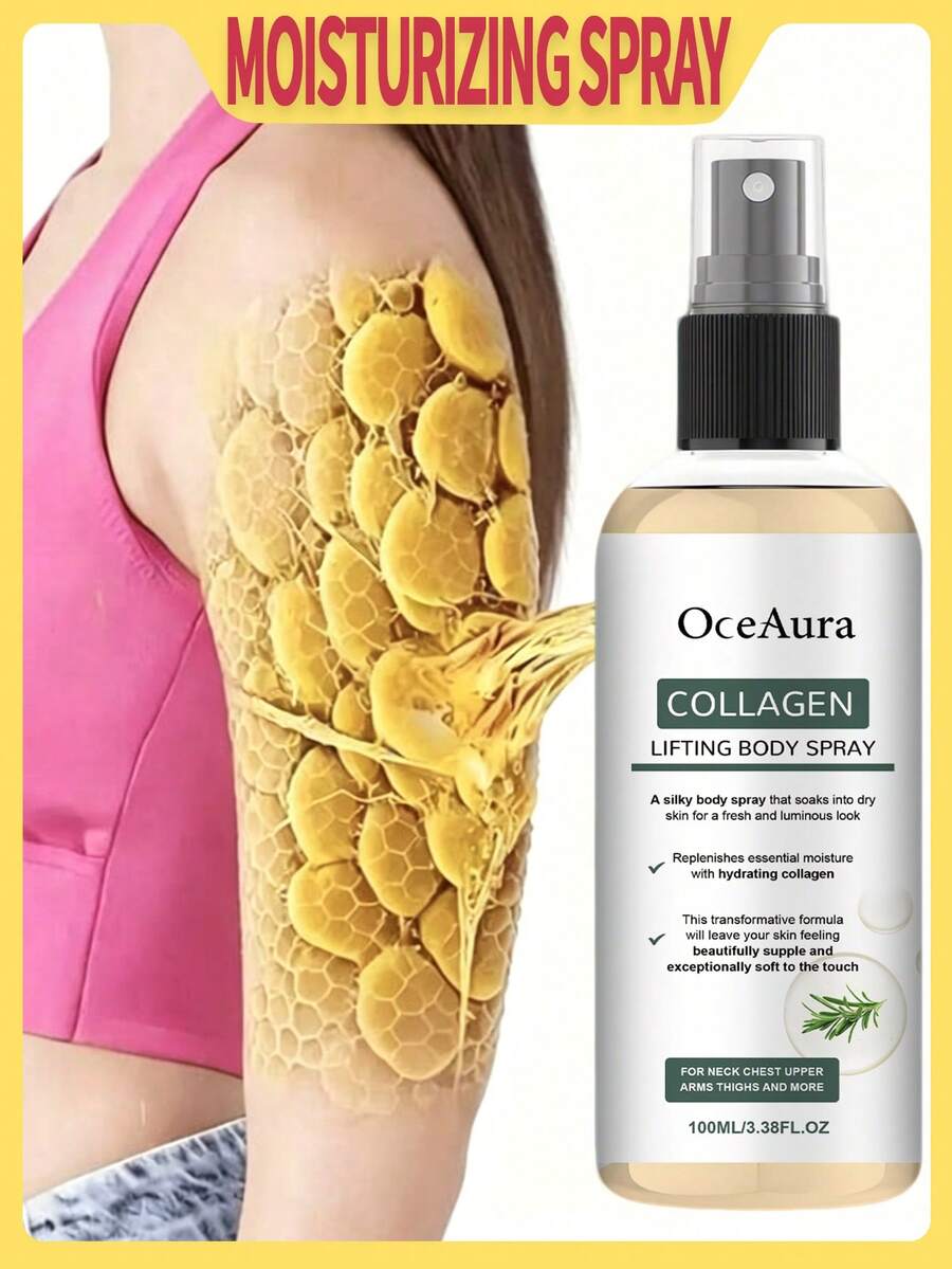 OceAura 1瓶100毫升柔滑保湿身体喷雾，温和滋养配方，令肌肤柔软光滑，清爽补水，保湿紧致喷雾，适用于颈部、胸部、手臂和腿部，丝滑柔嫩肌肤，方便日常旅行携带。