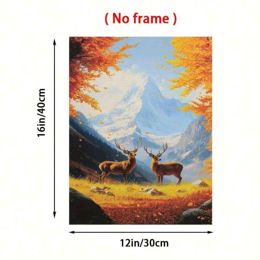 1 lámina de tela sin marco "Cérvol y Paisaje Montañoso", Arte Natural del Valle Otoñal, 30.48x40.64 cm, Decoración para Hogar, Dormitorio o Oficina - Sin marco - Ver 1