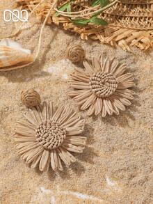OOQ 1 Pair Handmade Raffia Straw Sunflower Pendant Earrings, Sweet Elegant Beach Holiday Versatile Earrings, Suitable For Any Holiday Gift To Friends (Handmade Raffia Weaving, Random Direction And Shape) - Khaki - View 2