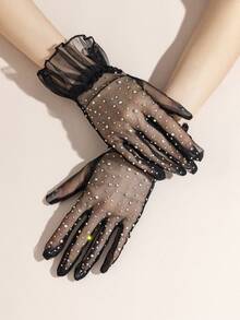 1 双女士薄款网眼手套，水晶装饰，荷叶边袖口，优雅派对/晚宴风格，涤纶材质，旅行，节日 - 彩色 - 查看 4