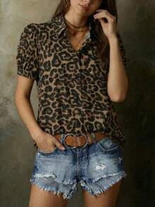 1pc Women's Elegant Short Sleeve Leopard Print Button-Up Shirt, Suitable For All Seasons Vacation Summer - Coffee Brown - View 4