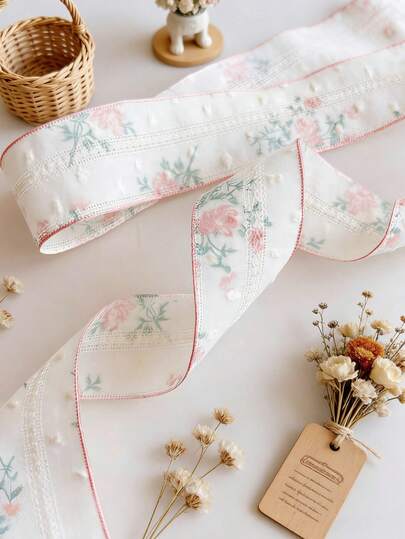 3 Yards Pink Flower Printed Texture Ribbon, Bubble Pleats Pink Ribbon, Pink Rose Flower Bowknot Craft Ribbon, For Cake, Birthday, Box, Gift Wrapping, DIY Bow, Hair Accessories, Flower Bouquet, Gift Box, Cake Package, Floral Satin Ribbon, Back To School, Wedding Bouquet Decorative, Graduation Season, Party Decoration