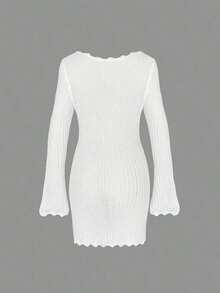 2026 New Women's Summer Beach Vacation Music Festival Versatile Wavy Hem Tie-Up Pale Yellow V-Neck Sexy Sheer Fitted Long Sleeve Crochet Cover-Up Mini Dress - 白色 - 查看 6