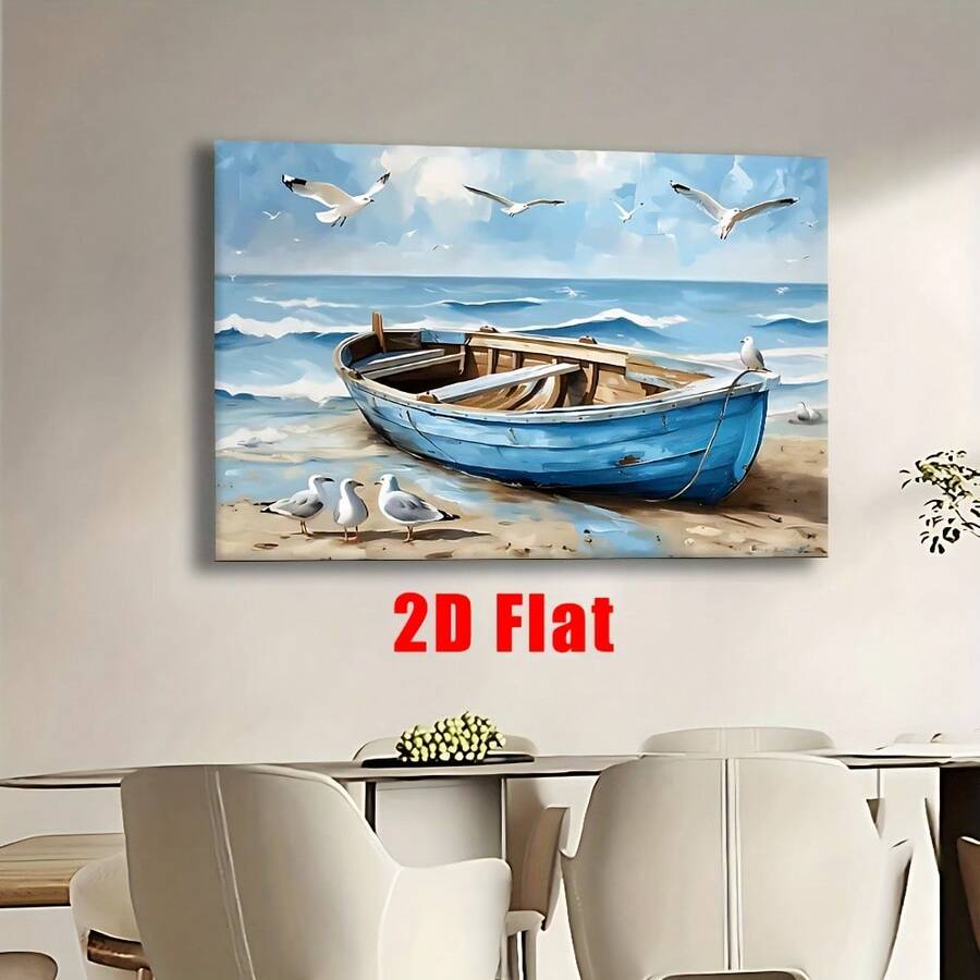 Cuadro 2D Plano de 1 pieza sin Marco - Escena Costera de Playa con Barco Azul y Gaviotas, Póster Vertical de Arte de Pared para Sala de Estar, Oficina, Dormitorio, Decoración de Cafetería - Regalo Perfecto para Navidad, Bodas, Graduación, Inauguración de Casa - Decoración Moderna para el Hogar, Decoración Temática de Playa, Obra de Arte para Oficina, Obra de Arte de Estilo Clásico, 2D Plano, Decoración de Gaviotas, Barco de Arte de Pared de Gaviotas, Cuadros de Pared, Decoración de Pared/óleo - Sin marco - Ver 1