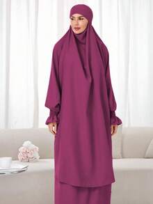 两件套穆斯林女性祈祷服套装，长袍，宽松长袖连衣裙，祈祷面纱头巾，适合节日穿着 - 彩色 - 查看 21