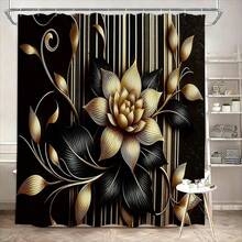 1/4 件套黑金花卉浴室套装，高品质涤纶浴帘（含 12 个挂钩）、防滑浴垫、U 型马桶盖套 - A - 查看 22