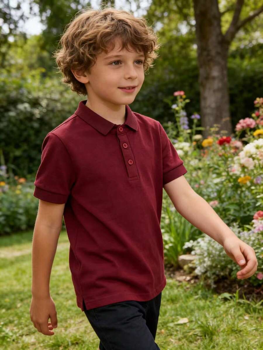 1. Camiseta de manga corta de unicolor para niños preadolescentes, camisa polo casual y de moda para niños y niñas, estilo ligero, camisa polo de estilo campus esencial para el verano, ajuste delgado y baja elasticidad, efecto alargador para niños, se recomienda talla talla grande grande para mayor comodidad y ajuste relajado, adecuado para salidas y reuniones casuales - Burdeos - Ver 1