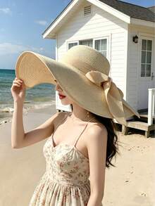 Mũ rơm đi biển phong cách Bohemian mùa hè dành cho nữ, vành rộng che nắng, kiểu dáng nghỉ dưỡng, thời trang ngoài trời, trang trí nơ. - Mũ rơm - Xem 5