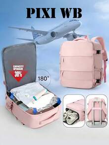 Pink Women's Travel Backpack Features A Large Capacity, A 180° Opening, Multiple Pockets, A Luggage Handle Cover, And A Shoe Pocket. Suitable For Business Trips, Vacations, And Everyday Use, It's An Ideal Choice For Students, Office Workers, And Frequent Travelers. - Pink - View 1