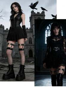 Bộ 3/5 món dây đeo tất da dành cho nữ, vòng cổ choker phong cách punk, vòng tay da. - màu đen - Xem 3