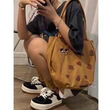 Túi tote vải canvas hình bánh quy hoạt hình dễ thương dành cho nữ, túi đeo vai nhẹ 225g có khóa kéo, túi đựng đồ ăn trưa hàng ngày tiện dụng. - màu nâu - Xem 4