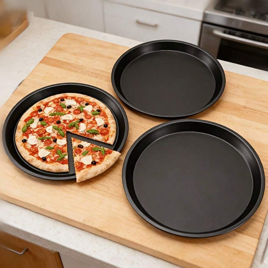 1 Khay nướng pizza chống dính 9/11/12 inch bằng thép carbon, khay nướng pizza tròn nông, dụng cụ nướng bánh