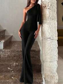 Women's Sexy Elegant Asymmetric Shoulder High Waist Black Jumpsuit |   Sexy, Slim-Fit, Elegant, Suitable For Parties, Casual Wear, And Nightclub Outfits Summer - 咖啡棕 - 查看 9