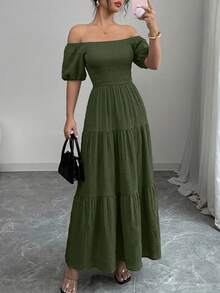 Women's Summer Puffed Sleeve Long Skirt Square Collar Pleats Layered Ruffles A-Shaped Long Casual Elegant Elegant Vacation Beach Sundress - xanh quân đội - Xem 1
