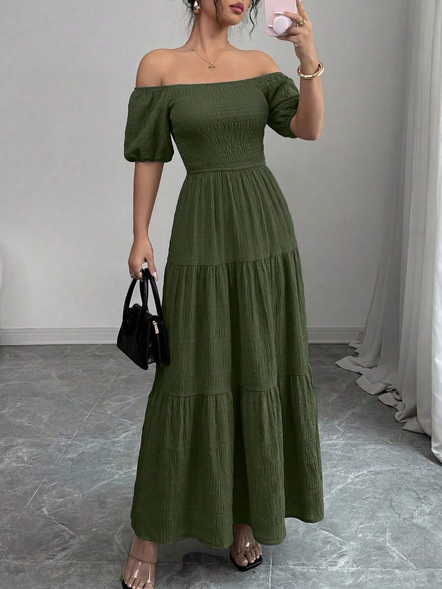 Women's Summer Puffed Sleeve Long Skirt Square Collar Pleats Layered Ruffles A-Shaped Long Casual Elegant Elegant Vacation Beach Sundress - xanh quân đội - Xem 1