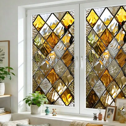 1/4 piezas Película estática de ventana con patrones geométricos dorados, protección de privacidad de mosaico de vidrio esmerilado, reutilizable y removible sin adhesivo de PVC para baño, cocina y dormitorio