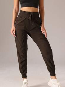 1pc Women's Sporty Pleated Solid Color Casual Pants - Brown - View 5