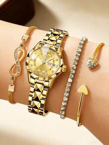 4pcs Luxury Jewelry Set: Gold Round Case Roman Numeral Quartz Watch, Bracelet & Bangle, With Calendar Design, Best Birthday Gift For Her, Suitable For Daily, Party, Holiday, Back To School - White - View 3