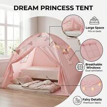 Kids Full Size Bed Tent With Star Lights & Flags - Indoor Playhouse Canopy For Toddlers Boys & Girls, Cozy Bed Canopy For Playroom Reading Nook, Perfect Gift For Children's Bedroom Decor - Pink - View 3