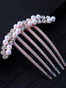 2pcs Set - 1pc Faux Pearl Hair Comb, 1pc Women Rhinestone Hair Clip, Elegant Hair Accessories Suitable For Daily Wear And Weddings - 1 - View 3
