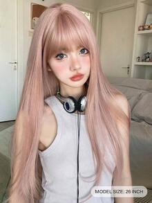 1 Piece Synthetic Heat-Resistant Straight Hairpiece In Beige Glod Hair Long Wig, 26 Inches Long, Made From Fiber, Suitable For Daily Use, Natural And Realistic Hairpiece. - 珊瑚粉 - 查看 3