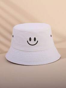 1pc Retro Solid Color Smiling Face Kids Bucket Hat, Outdoor Sports Travel Sun Protection Unisex Bucket Hat - Face - View 6