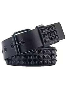 1pc Punk Style Unisex Leather Belt With Square Beads, Pyramid Studs, Suitable For Daily Wear - Black - View 6