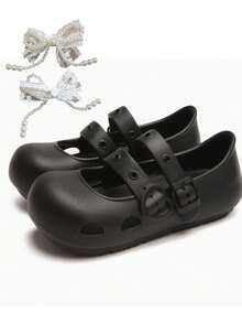 Women's Thick-Sole Sandals With Pearl & Bow Decor, Minimalist, Cute & Sweet Mary Jane Style, Suitable For Summer Indoor/Outdoor, Beach, Non-Slip, Waterproof, Platform Hole Shoes For Girls And Students. [Prevents Indentation, Detachable Accessories, Individually Packaged] - Black - View 8
