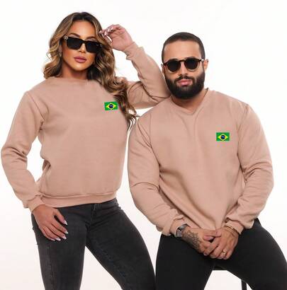 Kit conjunto sueter de moletom liso unissex casal brasil torcida copa do mundo seleção brasileira discreto minimalista blusa de frio gola O manga longa