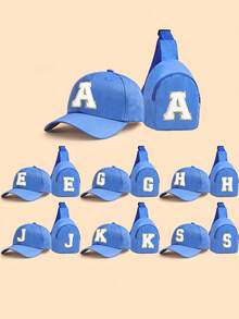 2 piezas Conjunto de gorra de béisbol con 26 letras y bolso bandolera para niños, gorra de sol azul ajustable + bolso de pecho casual, adecuado para uso diario - Azul - Ver 2