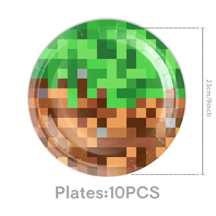 This Pixel-Style 51pcs Disposable Tableware Set Includes 10 Dinner Plates, 10 Dessert Plates, 10 Paper Cups, 20 Napkins, And One Tablecloth. This Convenient Tableware Set Is Perfect For Camping, Picnics, Garden Barbecues, Weddings, And Birthday Parties. - Multicolor - View 6