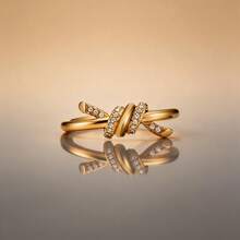 1 chiếc nhẫn Zirconia sang trọng, nhẫn vàng, nhẫn buộc, quà tặng tinh tế cho phụ nữ trong các bữa tiệc ngày lễ. - Vàng - Xem 8