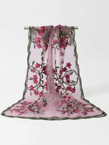 1pc Embroidered Lace Rose Floral Scarf, Shawl, Headscarf, Neckerchief - Multicolor - View 16