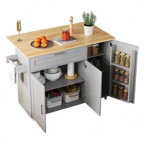 (=N635P21858284D) Large Mobile Kitchen Table 132.5*44(70)*90 Cm, Folding Top, Oak Finish, Multifunctional Cabinet, Spice Rack, Towel Rack, 5 Wheels, Suitable For Kitchen/Dining Room/Home - Grey - View 1