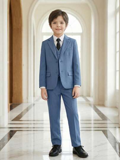 4pcs Boys Suit Set, Toddler Tuxedo Formal Wear, Wedding Pageboy Outfit Including Jacket, Vest, Pants And Tie, Suitable For Children, Available In Blue And Gray, Size 6-16 Years