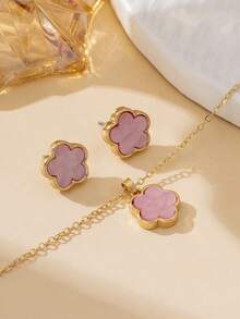 Bộ trang sức gồm dây chuyền và bông tai hình cỏ ba lá màu hồng ngọt ngào, thanh lịch, dành cho nữ. - Hồng - Xem 4