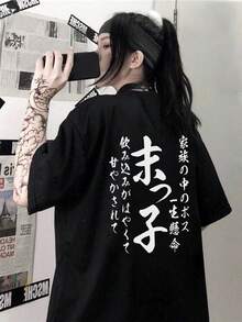 新款夏季 Z 世代 Y2K 风格女式趣味日文文字印花圆领短袖 T 恤 - 黑色 - 查看 4
