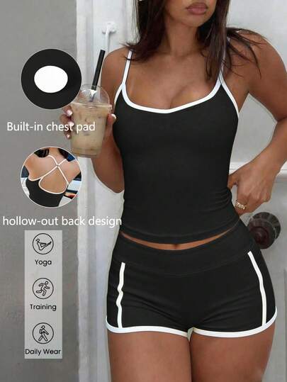 GAOVOT Women's Summer 2-Piece Set, Sexy Camisole V-Neck Criss-Cross Strap Padded Top Paired With High-Waisted Tight Lifting Shorts, Suitable For Cycling, Fitness, Yoga, Running, Pilates, Gym Wear Black