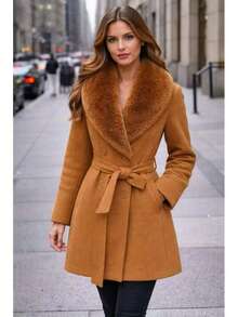 Women's Wool Coat With Fleece Lining | Premium Long Wool | Winter / Cold Weather | Wool-Type Fabric - Marrón - Ver 1