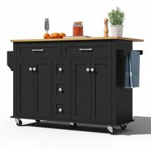 Carrito de cocina multifuncional con encimera plegable, extensible hasta 120*65 cm, con 5 cajones, armarios, especiero y toallero, con ruedas – isla de cocina para cocina, comedor y salón. - Negro - Ver 11