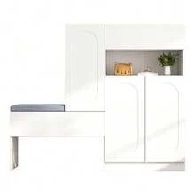 Moderner 2-in-1 Schuhschrank mit gebogenen Türen: Tür mit Soft-Close-Mechanismus, höhenverstellbare Fächer und gepolsterte Sitzbank, weiß, 130 * 35 * 110 cm. - Weiss - Übersicht 1