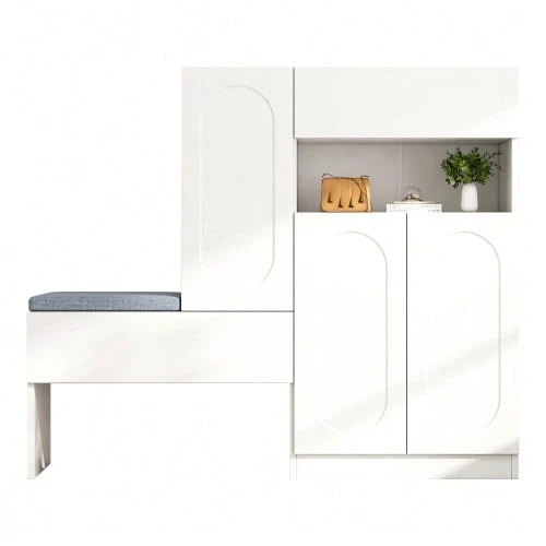 Moderner 2-in-1 Schuhschrank mit gebogenen Türen: Tür mit Soft-Close-Mechanismus, höhenverstellbare Fächer und gepolsterte Sitzbank, weiß, 130 * 35 * 110 cm. - Weiss - Übersicht 1