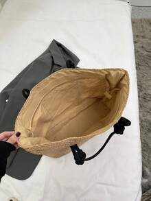 1件新款女士编织单肩包，大容量草编休闲腋下包，多功能沙滩手提包，时尚度假沙滩包，拉链封口 - 卡其色 - 查看 7