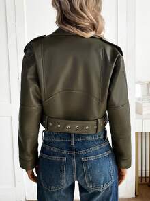 Women Elegant Polyurethane Shacket With Collar Long Sleeve Belted Short Flared Hem Design - Army Green - View 9
