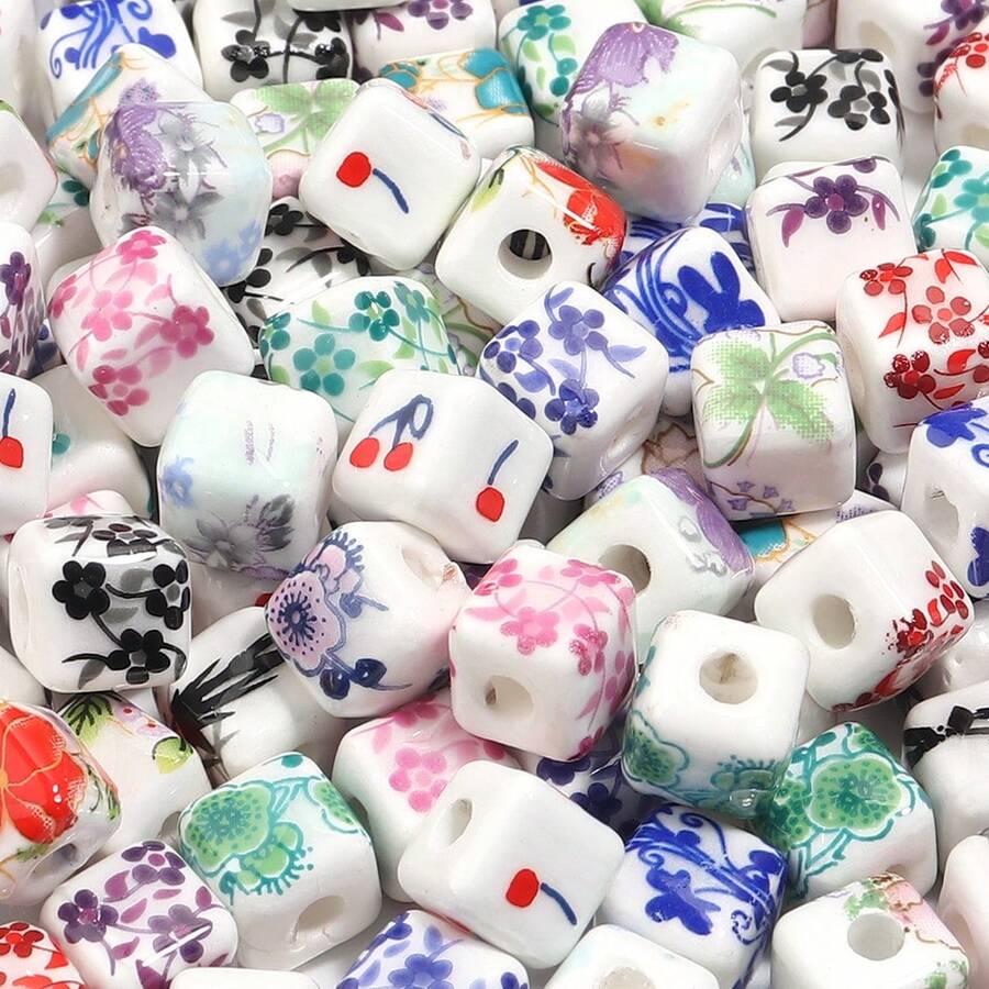 20颗方形花卉图案陶瓷珠，8毫米，手工饰品制作材料，适用于DIY项链、手链和工艺品制作 - 优雅花卉陶瓷散珠