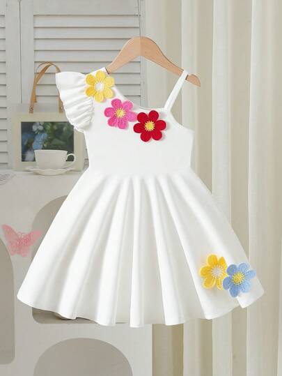 女童休闲花卉3D装饰柔软针织无袖连衣裙，适合户外穿着，春夏款