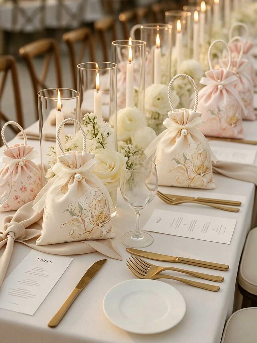 6/3/1个粉色/香槟色婚礼回礼袋，珍珠装饰，优雅花卉图案抽绳糖果/零食袋，婚礼礼品包装袋，婚礼纪念品袋，生日派对，新娘送礼会，优雅礼品袋 - 多色 - 查看 1