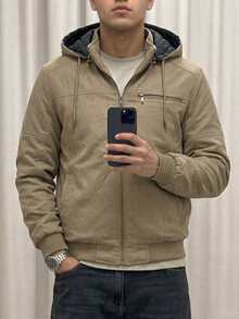 Men's Suede Jacket, Warm Lined Coat For Intense Cold Winters, Lined With Pockets - Beige - View 5